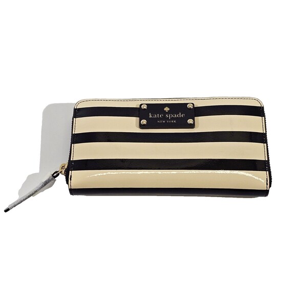 KSD Kate Spade New York Striped Patent Leather Zip Around Wallet Black & Cream - Picture 1 of 7